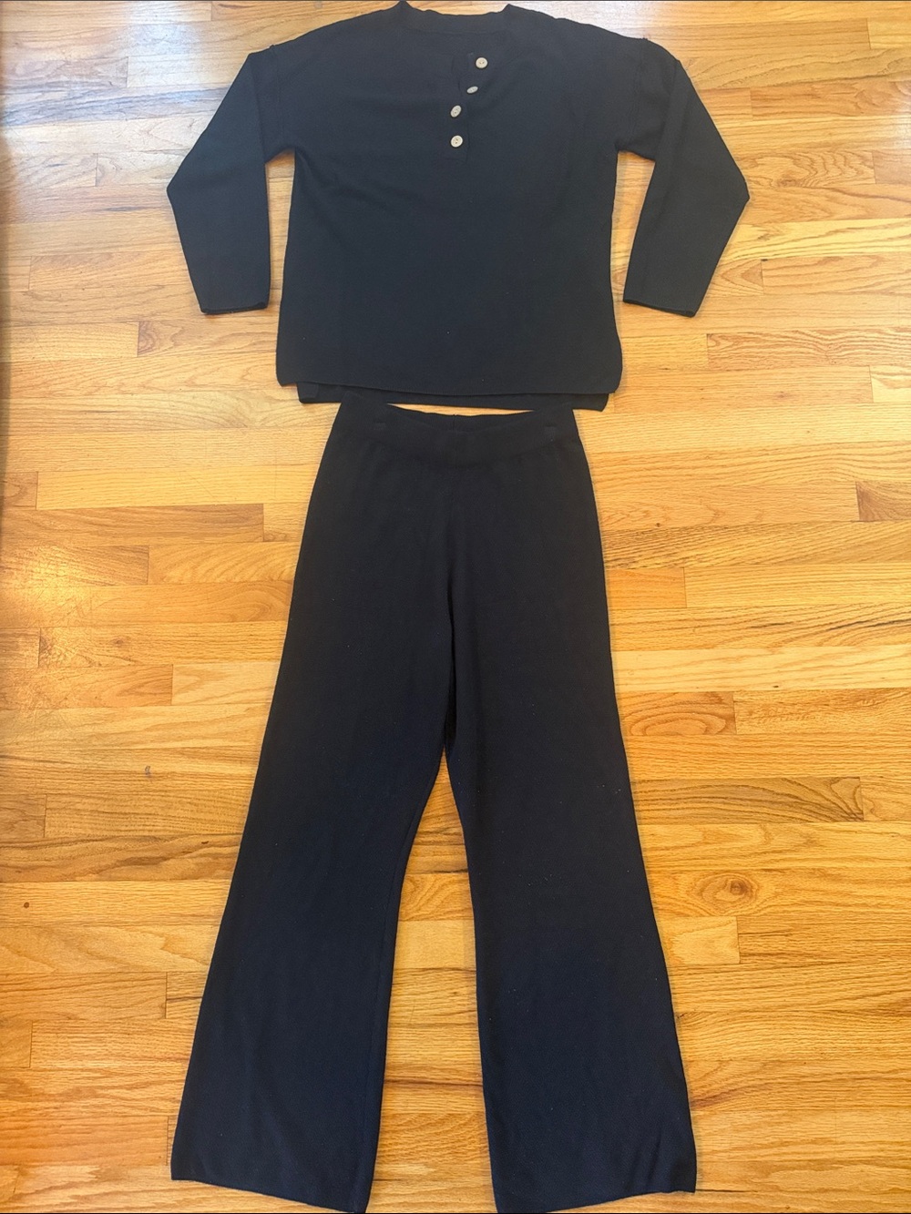 Women's Two Piece Set Black Knit Top and Wide-Leg Pants - Classic Comfort